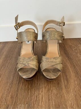 G by Guess Metallic Gold Platform Sandals with Wooden Heel